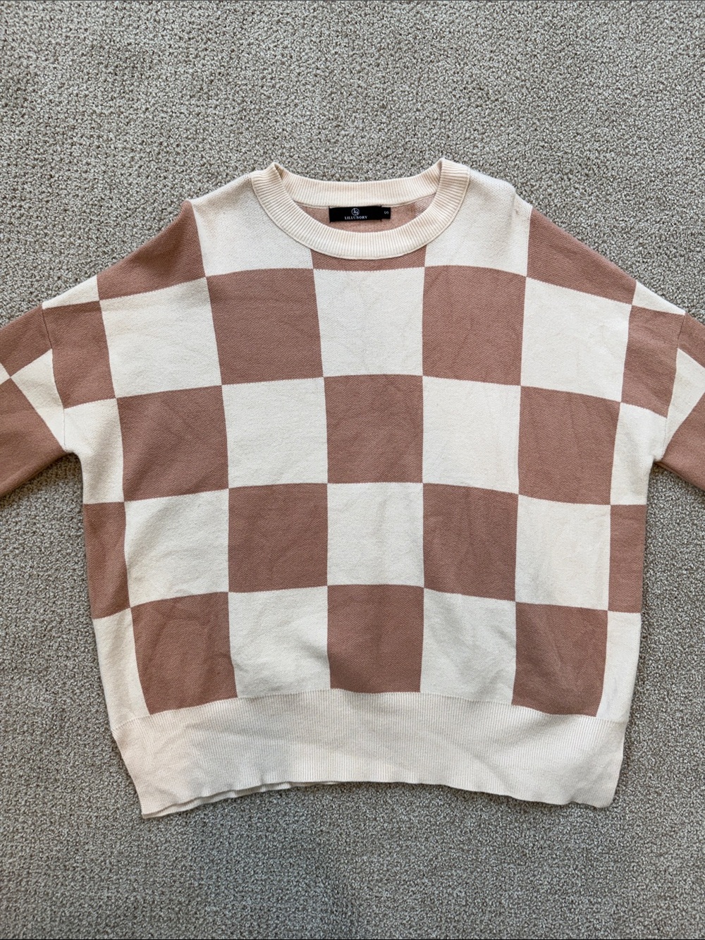 Checked Crewneck Sweater - Cream & Dusty Rose
